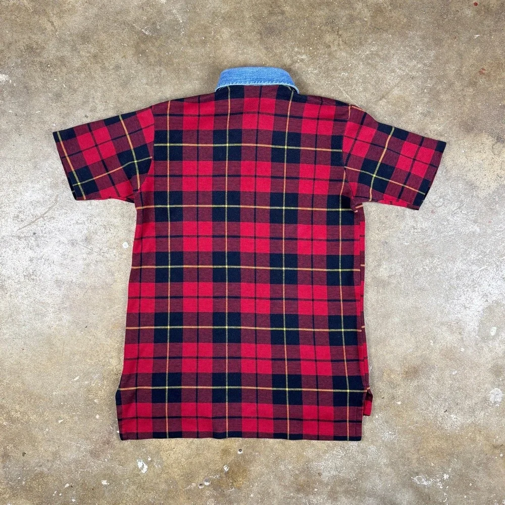 Vintage Ralph Lauren Plaid Polo Men's‎ L Red Black Chambray Crest Made in USA